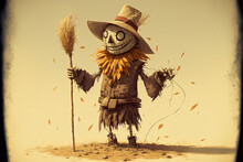 Cartoon Style Scarecrow With Straw. Generative AI