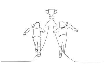 Wall Mural - Illustration of motivated businesswoman running on arrow showing direction to trophy way to success. Single continuous line art style