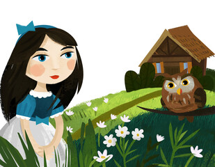 Wall Mural - cartoon princess in the forest near owl and house