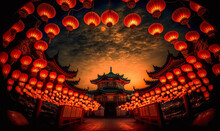 Traditional Chinese Buddhist Temple Illuminated For The Mid-Autumn Festival. Digital Art