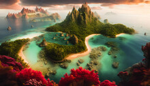 Tropical Paradise, With Crystal Clear Waters, Lush Vegetation, And Golden Sands.Vibrant Colors And Expert Brushwork Bring The Scene To Life. Generative AI