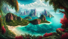 Tropical Paradise, With Crystal Clear Waters, Lush Vegetation, And Golden Sands.Vibrant Colors And Expert Brushwork Bring The Scene To Life. Generative AI