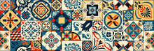 Set Of Patterned Azulejo Floor Tiles. Abstract Geometric Background. Vector Illustration, Seamless Mediterranean Pattern. Portuguese Floor Tiles Azulejo Design. Floor Cement Talavera Tiles Collection.