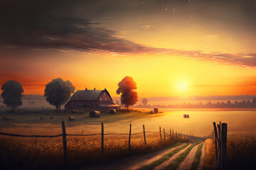 Wall Mural - A summer evening's sunset in farmland in the countryside against a hazy sky. Landscape. Generative AI