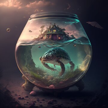 fishbowl with above water a city underwater a frog