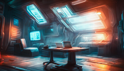 Canvas Print - Artistic concept painting of a beautiful futuristic interior, Generative AI