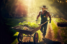 Gardener In Park With Seedlings And Soil In Wheelbarrow Under Sun