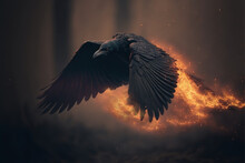 Black Raven Flying. Black Crow. Evil Bird. Glowing Wings. Misty And Smokey Fire Smoke And Embers.