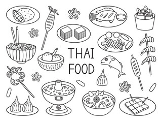 Canvas Print - Thai food doodle set. Asian cuisine. Tom yum, fried ice cream, octopus in sketch style. Hand drawn vector illustration isolated on white background