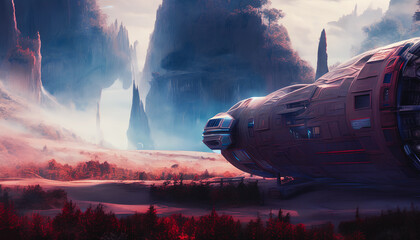 a majestic painting of a crashed spaceship in the midst of a forest, devoid of any human figures. th