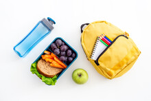 School Lunch Box With Sandwich, Fruits And Water