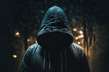 A Hooded Figure In The Night Hiding Their Identity. Generative AI