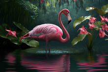 Flamingo In The Pond Is Pink. Generative AI