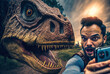 © IBEX.Media - Reckless explorer taking selfie with ferocious dinosaur, Ai Generative Illustration