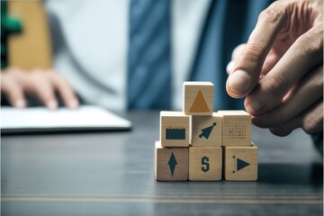 Concept of business strategy and action plan. Businessman hand putting wood cube block on top with icon stock photo Strategy, Planning, Business, Motion, Marketing. Generative AI