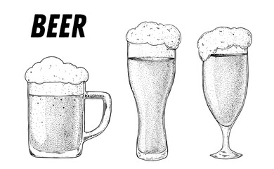 Wall Mural - Mug and glasses of beer sketch. Hand drawn vector illustration.