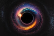 A black hole with a glowing constellation of various colors revolves around a black hole in the universe