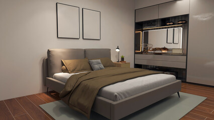 Wall Mural - Modern and cozy home bedroom interior with silver bed, wooden floor, and cushions with empty poster wall frame. 3D rendering