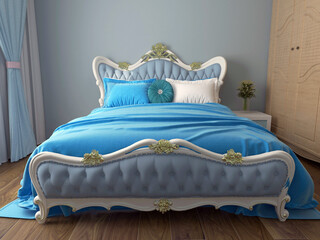 Wall Mural - Luxury and cozy home bedroom interior with blue and white wooden bed, wooden floor, and cushions with empty blue wall. 3D rendering