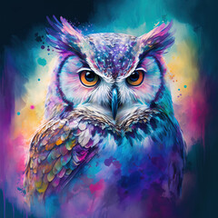 Wall Mural - Portrait of a colorful owl watercolors technique illustrated. Wild animal night bird close up. Vivid tones and colors. Generative AI.