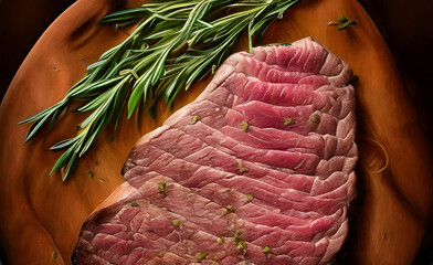 Wall Mural - Grilled meat steak with rosemary on a wooden board. illustration