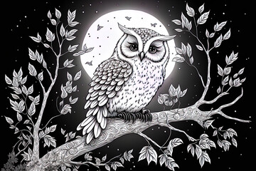 Wall Mural - Cute owl cartoon atop a tree at night with a full moon. Coloring page or book. Generative AI