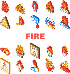 flame hot fire burn bonfire heat icons set vector. red danger, light orange, campfire energy fiery element glow, hell flammable inferno flame hot fire burn bonfire heat isometric sign illustrations