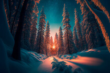 Winter Landscape Wallpaper With Pine Forest Covered With Snow And Scenic Sunset. Snowy Fir Tree In Beauty Nature Scenery. Christmas And New Year Greeting Card Background.