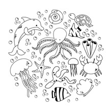 Ocean Flora And Fauna In The Circle Shape. Sea Animals Drawn In Line Art Style On White Background. Coloring Book Page Design For Adults And Kids EPS