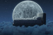 Cosy bed over fluffy clouds at night. Illuminated by big moon. 3D Rendering