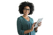 A woman is smiling with glasses, a tablet in the hand of an office employee, an isolated transparent background.