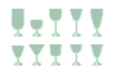 Poster - Empty glasses of different shapes vector illustrations set. Drawings of transparent glasses for alcoholic drinks, wine, Champagne, Martini isolated on white background. Glassware, alcohol concept