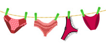 Female Underwear Hanging On Clothes Line Vector Illustration. Cartoon Drawing Of Pink Panties On Rope With Green Pegs Isolated On White Background. Underwear, Fashion Concept