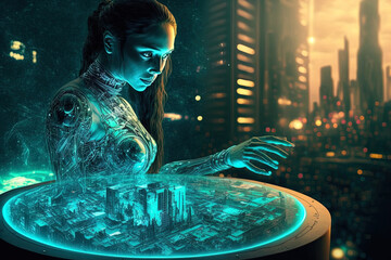 Poster - At the interactive table with a hologram of a smart city is a stunning robot lady. Cyborgs use an abstract virtual spherical interface. Artificial intelligence (AI) manages smart city systems