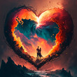 © ADDICTIVE STOCK - Generative AI couple in heart in cloudy sundown sky