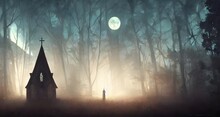 霧の中で林に佇む月に照らされた教会_41
