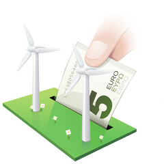 Wall Mural - Field of white 3D wind turbines on a piece of meadow in which a 5 euro note is deposited like a piggy bank (cut out)