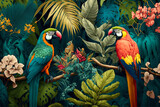 Fototapeta Boho - Illustration of a tropical rainforest with parrots. Generative AI.
