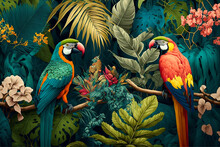 Illustration Of A Tropical Rainforest With Parrots. Generative AI.