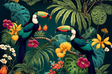 Tropical Wallpaper Background With Plants And Birds. Generative AI. 