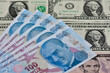 various country banknotes. Turkish lira and us dollar photos.