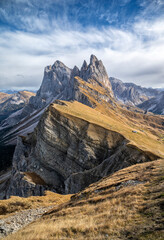 Wall Mural - seceda mountain in italian dolomites during autumn