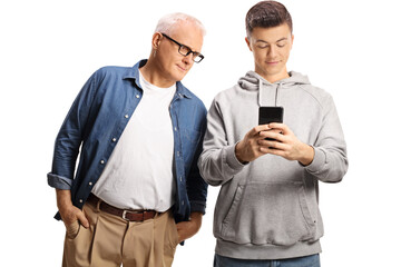 Father spying on his son while typing a message on a smartphone