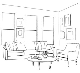 Wall Mural - Hand drawn room interior sketch. Furniture sketch. Living room