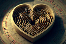 Heart Shaped Maze Labyrinth Of Love. Generative Ai Art. Valentine's Day Concept. Metal Heart.