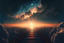 Illustration Of Way Path To Horizon, Endless Road To Heaven With Light Glow From The Eternal Horizon, Concept Of Adventure To Unknown Place