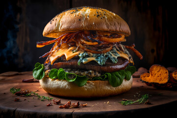 Canvas Print - burger special wild mushrooms orange cheddar sliced jalapenos bacon aioli of caramelized onion garlic toasted sesame seed bun. Generative AI