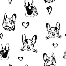 French Bulldog Seamless Pattern. Black Dog Head Template Print. Wrapping Paper, Textiles, Bed Linen And Wallpaper.