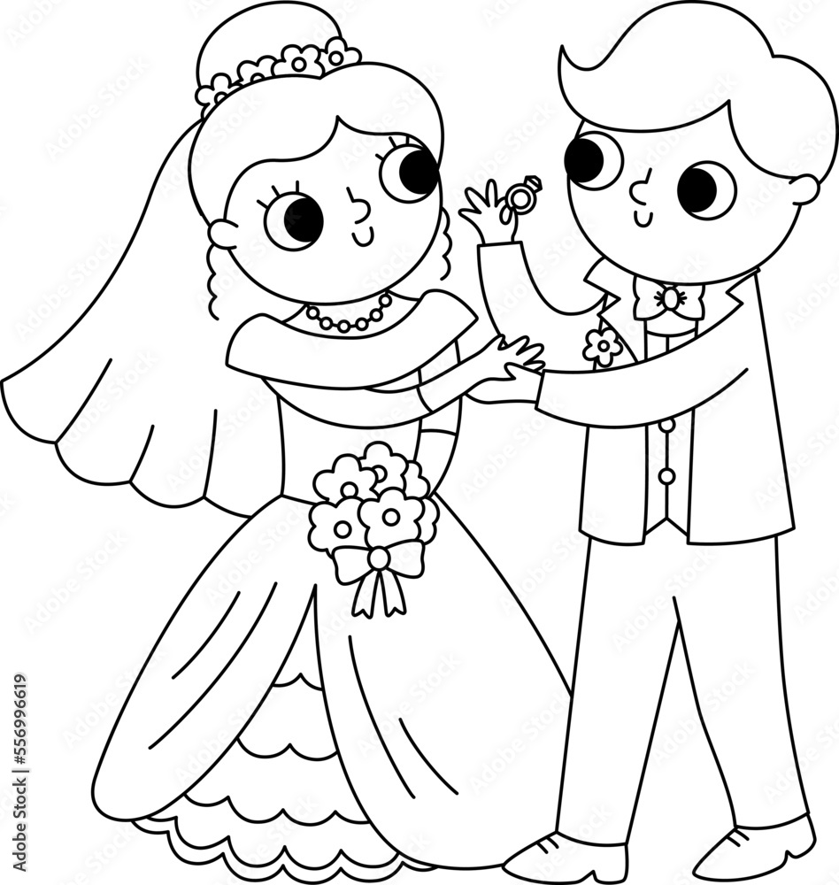 Vector black and white illustration with bride and groom exchanging rings.  Cute just married couple. Wedding ceremony line icon. Cartoon marriage  coloring page with newly married couple. Stock Vector | Adobe Stock, image size:948x1000