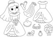 Vector black and white bride clothes set. Cute just married girl with dress, accessory. Wedding ceremony line icon pack. Newly married woman coloring page with veil, shoe, bouquet.